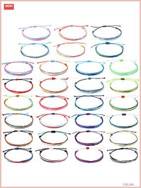 30 Pack Adjustable Woven Wax Coated Anklets Bohemian Braided Rope Waterproof